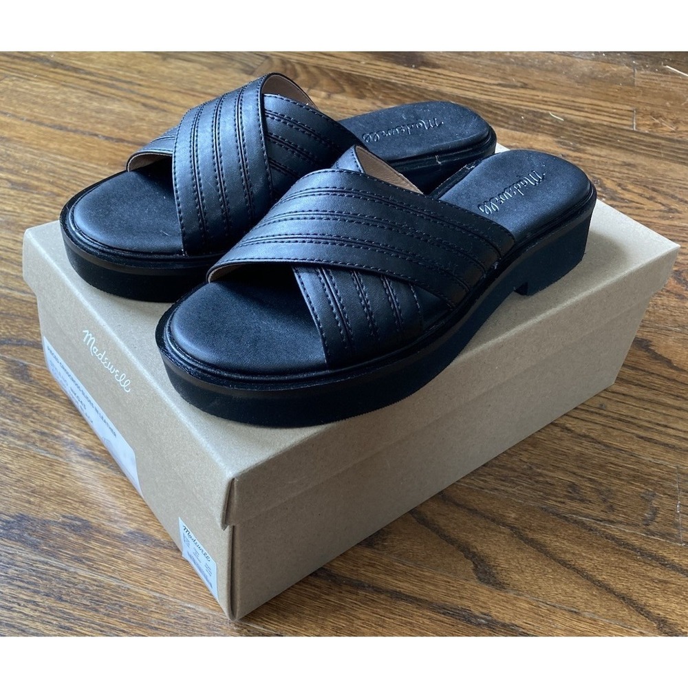 Madewell Sandals Womens Size 6.5 Black Leather Crisscross Pieced Slides NK043
